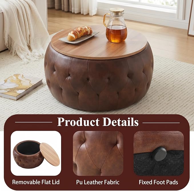 Round Ottoman with Storage, 25 Inches Wooden Top Coffee Table for Living Room, Modern Upholstered Side Table, Multifunctional Faxu Leather Surface Footstool(Brown)