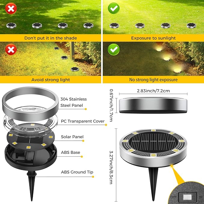 20 Pack Solar Ground Lights Outdoor, 8 LED Mini Flat Solar Disk Lights, IP65 Waterproof Anti-Rust Disc Light, Landscape Lighting for Garden Pathway Yard Walkway Driveway Lawn,Warm White