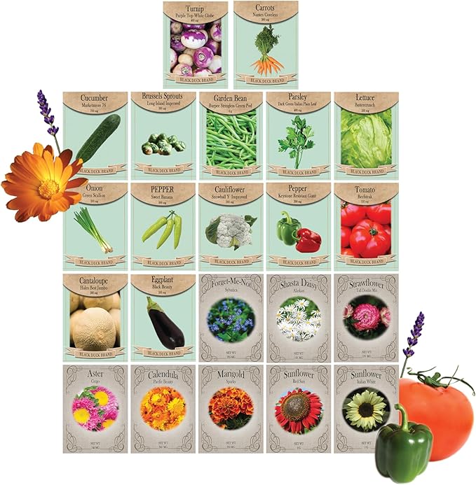 Flower & Vegetable Seed Set - 22 Varieties of Non-GMO Heirloom Premium Seeds for Planting - Brussel Sprouts, Cantaloupe, Peppers, Marigolds, and More