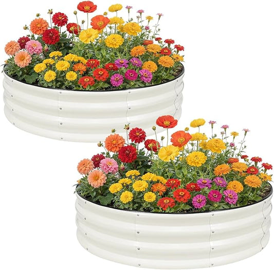 Galvanized Raised Garden Bed Outdoor 2Pcs | 4x4x1ft Metal Raised Beds for Gardening with Safety Rubber Strip | Round Planter Box for Plants Like Vegetables Fruits Flowers, White