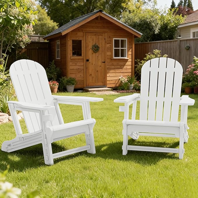 Vongrasig Adirondack Chairs Set of 2 with Removable Tabletop, Outdoor HDPE Plastic Fire Pit Chair Set with Wooden Textured, Cup Holder for Patio, Poolside, Deck, Garden, White, 3 Pieces