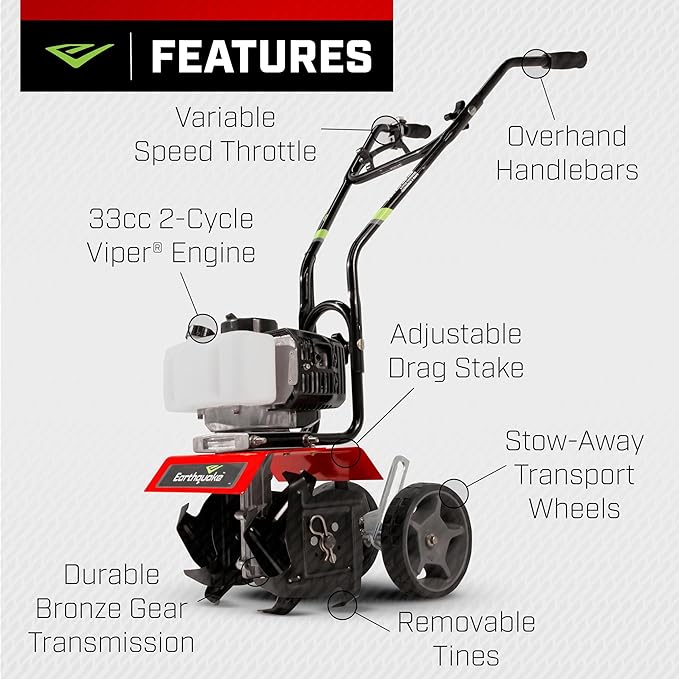 Earthquake 31635 MC33 Mini Tiller Cultivator, Powerful 33cc 2-Cycle Viper Engine, Gear Drive Transmission, Height Adjustable Wheels, 5 Year Warranty,Red