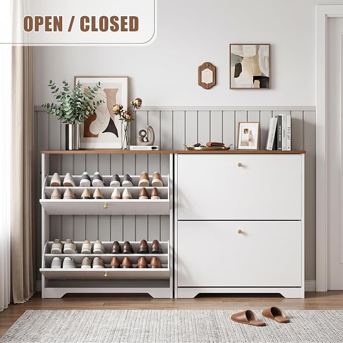 Nicetree Shoe Cabinet, 2 Flip Drawers Slim White Walnut Top Entry Storage