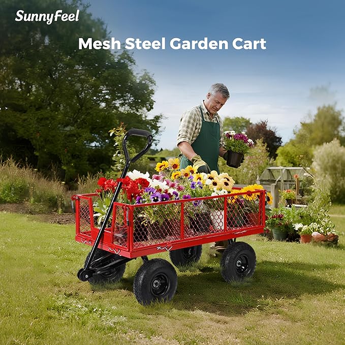 SUNNYFEEL 500 Lbs Capacity Heavy Duty Mesh Steel Garden Cart,Folding Utility Wagon with Removable Sides,10 Inch Flat Free Tires, Red