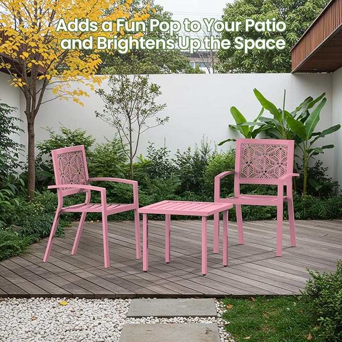 BUPPLEE 3 Piece Patio Bistro Set, Outdoor Steel Furniture Set, Stackable Modern Conversation Sets for Balcony Garden Deck Patio w/2 Chairs 1 Table, Pink