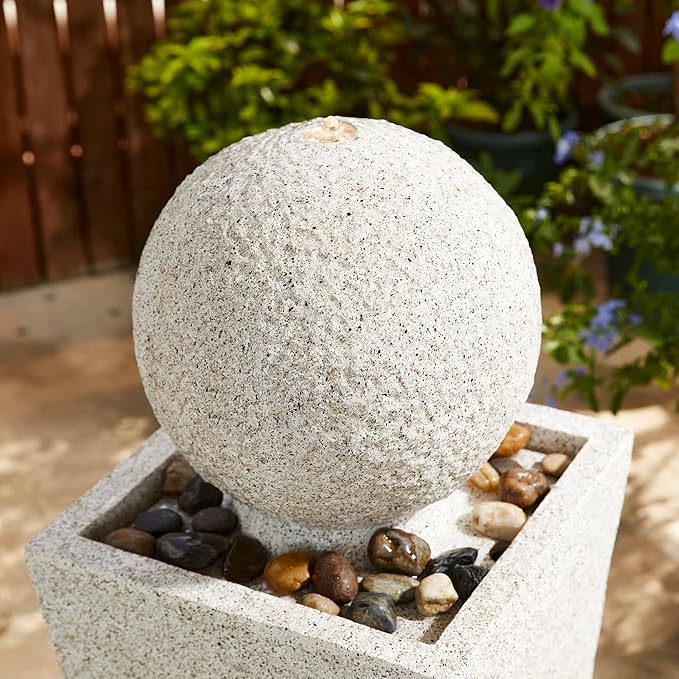 Glitzhome Outdoor Water Fountain, 40.25" H Modern Geometric Pedestal and Sphere Waterfall Fountain, Outdoor Fountain with Pebbles, Pump and LED Light, Garden Fountain for Patio, Backyard, Porch Decor