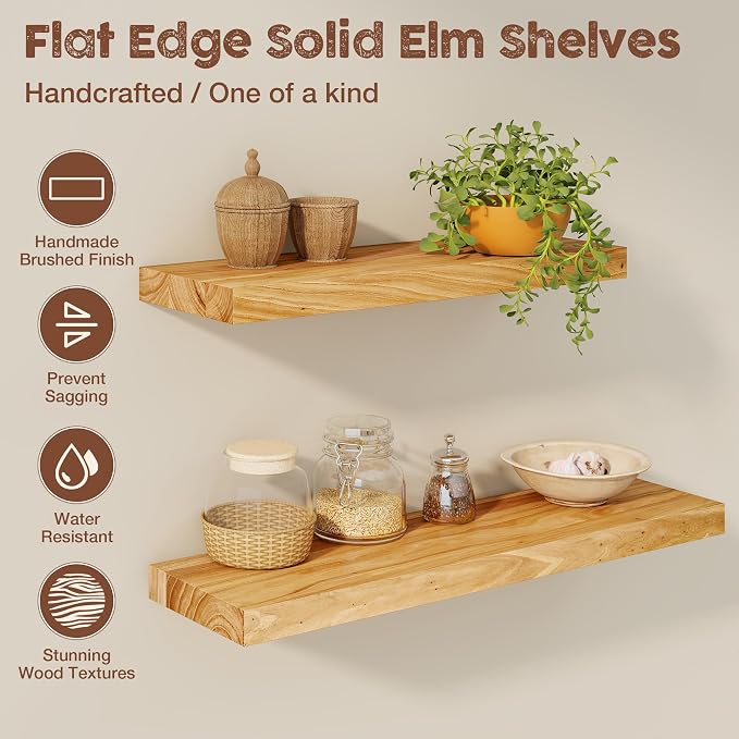 fuqing Floating Shelves for Wall, 24 Inch Rustic Solid Elm Wood Shelves