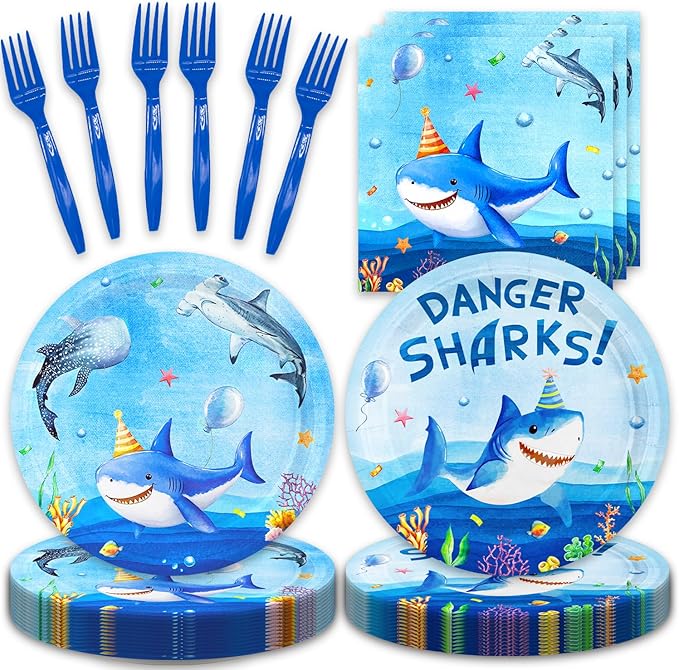 48Pcs Shark Birthday Decorations Plates Napkins and Forks,Shark Birthday Party Under The Sea Party Decorations Baby Shower Set for 16 Guests