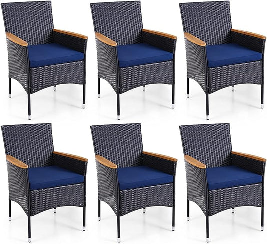 Sophia & William Rattan Patio Chairs Set of 6, 6 Pcs Wicker Outdoor Dining Chairs with Seat Cushions & Wood Armrest