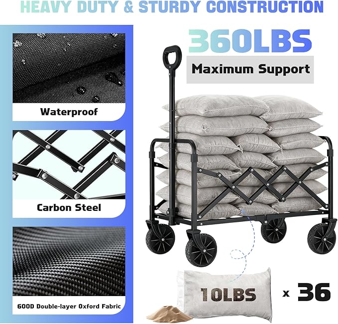 360LBS Collapsible Wagon Cart with Wheels - Heavy Duty Folding Wagon Carts for Grocery, Lightweight Utility Wagon with All-Terrain Wheels & 2 Cup Holders, Portable Beach Wagon for Shopping Garden