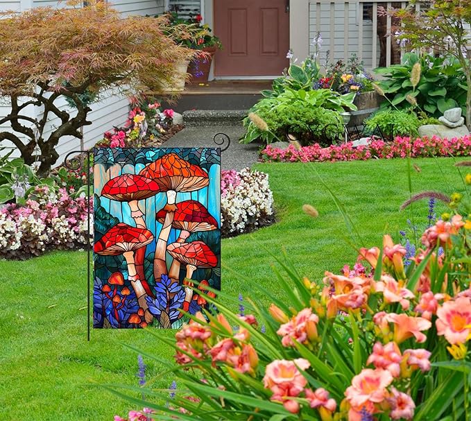 Stained Glass Mushroom Spring Garden Flag 12x18 Inch Double Sided, Small Burlap Yard Flag for Seasonal Farmhouse Outside Outdoor Decor
