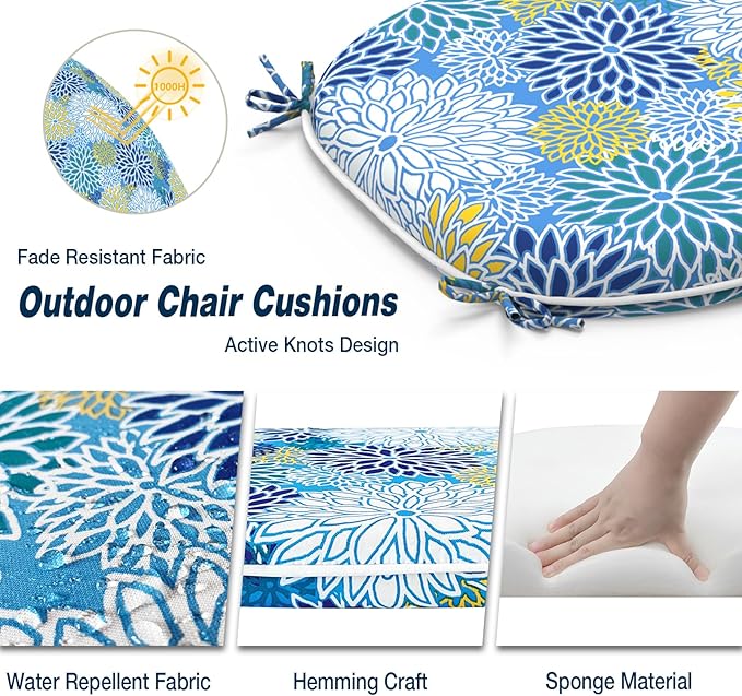 Outdoor Chair Cushions Set of 4, Water Resistant Patio Chair Pads with Ties, Seat Cushions for Home Garden Furniture Decoration, 16"x17", Dahlia Blue