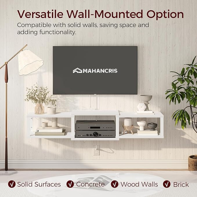 MAHANCRIS 43.7” Floating TV Stand with Power Outlet, Wall-Mounted Entertainment Center, Floating Metal Frame Media Console Shelf for Under TV Storage, for Living Room, Bedroom, White TVBW101E01