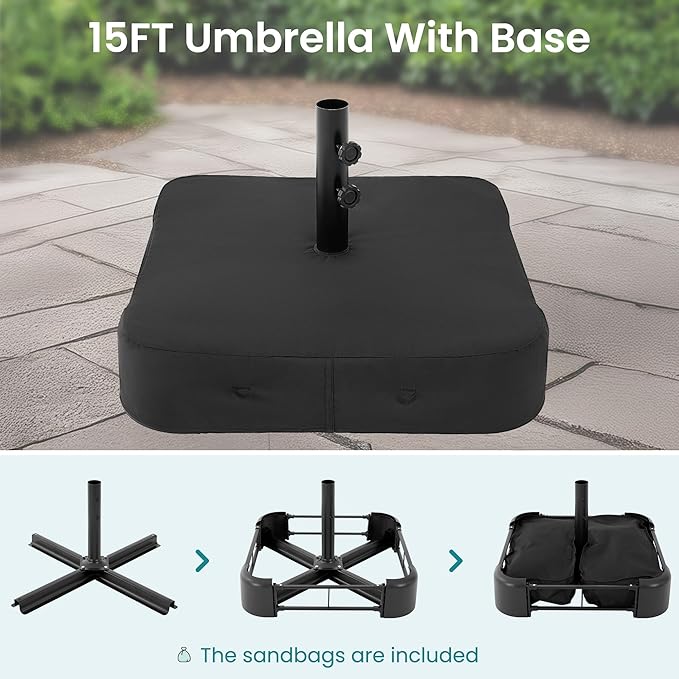 DUMOS 15FT Large Patio Umbrella with Base Included, Rectangle Table Umbrella Outdoor Patio, Outside Umbrellas for Deck, Market, Backyard, Khaki