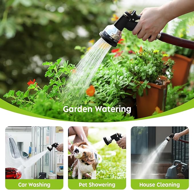 Heavy Duty Metal Water Spray Nozzle with 9 Adjustable Watering Patterns, Garden Hose Nozzle Sprayer for Watering Lawn and Garden,car Washing, Pets.