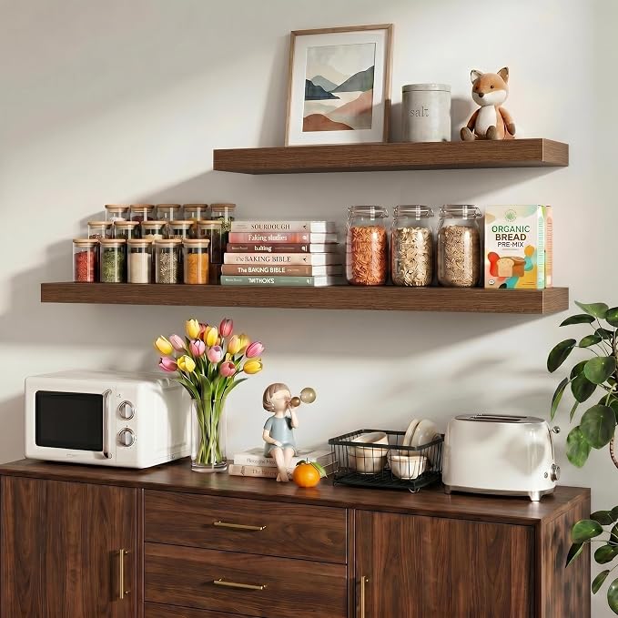 Vivelove 24 Inch Floating Shelves Wall Mounted for Display, 6.5 Deep Duty Shelves with Invisible Brackets for Living Room,Bedroom,Kitchen, Bathroom Storage & Decor,24" Wx6.5 Dx1.4 H - Walnut