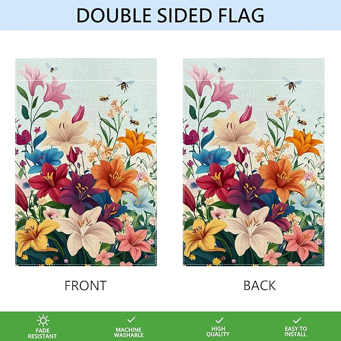 Spring Lily Colorful Floral Garden Flag 12x18 Inch Double Sided Welcome Summer Bee Flower Yard Outdoor Flag House Holiday Outside Decoration
