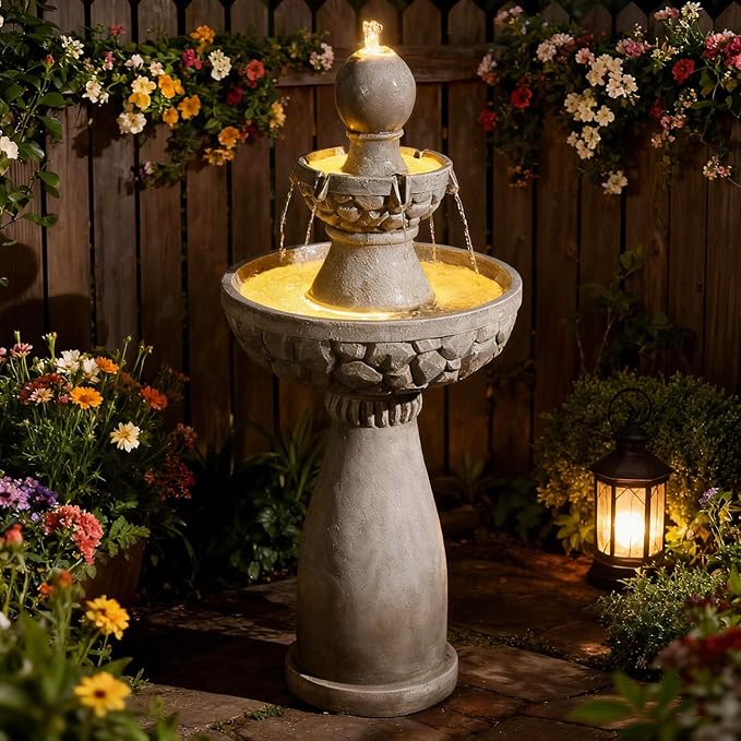 Sunlinua 46.5H 3-Tier Outdoor Water Fountain with LED Lights Italian Resin Garden Fountain for Patio Yard Weather-Resistant Cascading Waterfall Feature with Quiet Pump Elegant Backyard Décor Gray