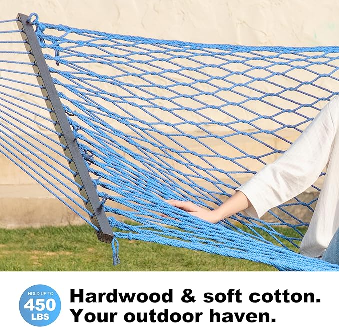 Gafete 12ft Family Hammocks, Handwoven Traditional Cotton Rope Hammock with Hardwood Spreader Bar, Chains and Hooks for Indoor Outdoor, Max 450 lbs Capacity(Lake Aqua, Large)