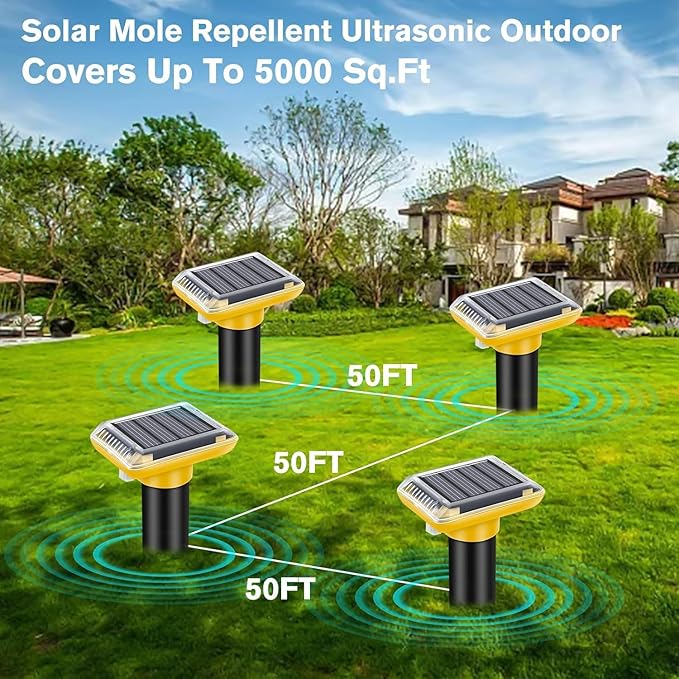 Ultrasonic Mole Repellent Outdoor, 6 Pack Gopher Repellent Solar-Powered for Lawn Yard and Garden, Waterproof Mole Killer Traps, Effectively Repels Gopher Vole Groundhog Snake, Yellow