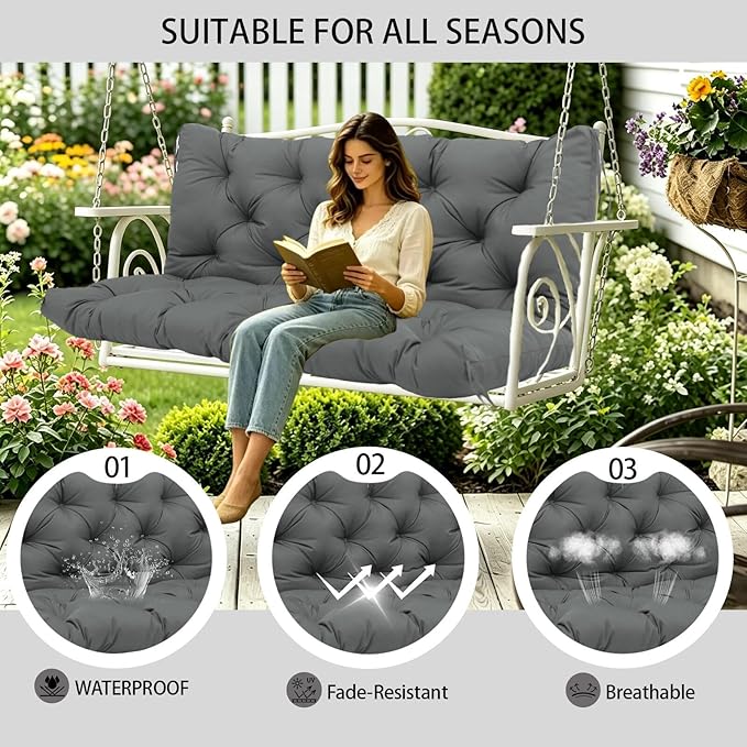 Durable Extra 5" Thick Waterproof Outdoor Swing Cushions 60inch Porch Swing Cushions 3 Seater Replacement Fade-Resistant with Backrest and 8 Ties for Outdoor Patio Long Bench Furniture
