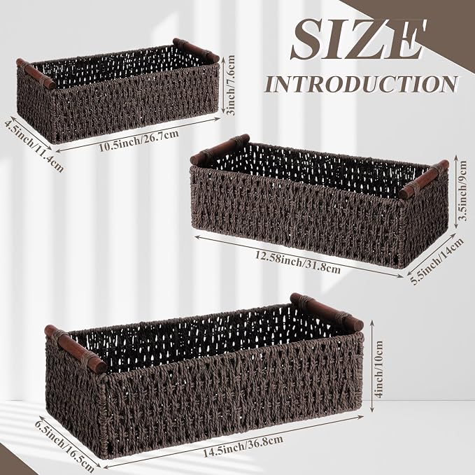 Boao 3 Pcs Boho Storage Wicker Baskets Handmade Woven Decorative Paper Rope Baskets for Organizing with Handle Countertop Toilet Paper Storage Container for Toilet Tank Top(Dark Brown,Rectangle)