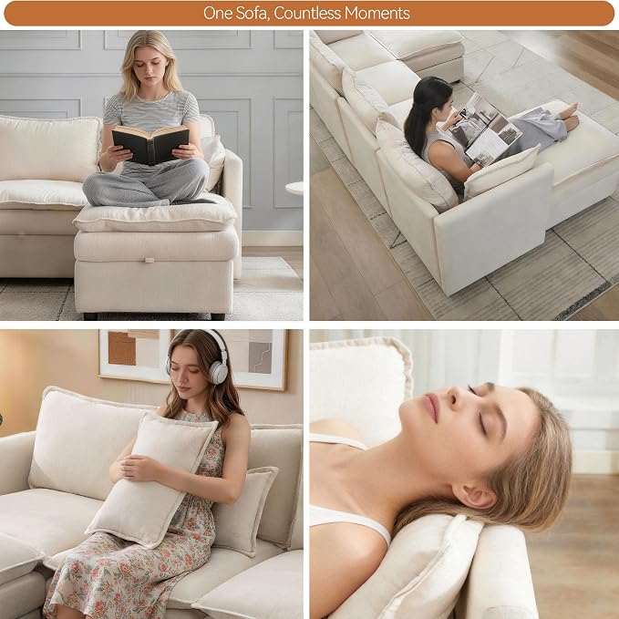 80" Storage Modular Sectional Couch, Cloud Deep Seat 3-Seater Sofa with Chenille Upholstery, Comfy Modern Cloud Couches with Hidden Storage for Living Room, Apartment, Spacious Beige