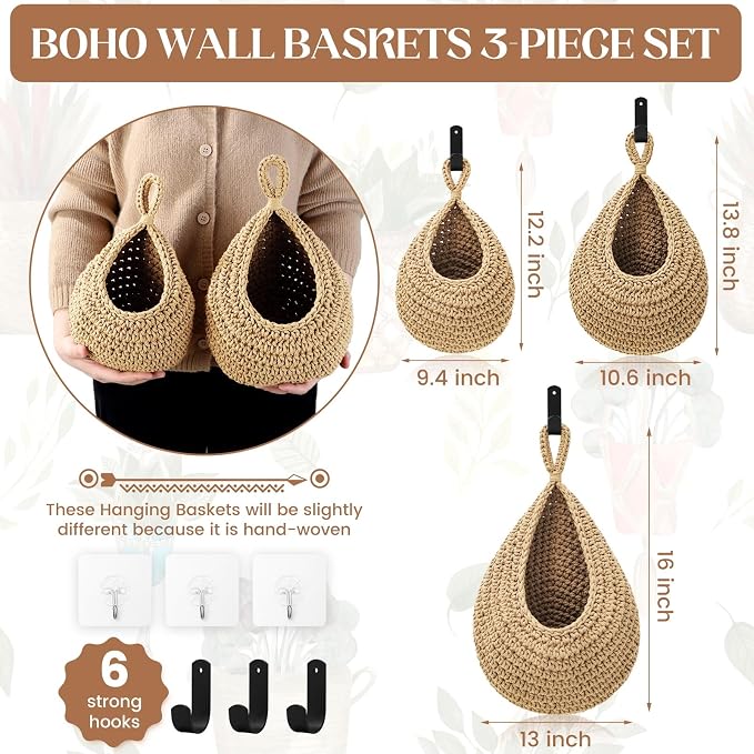 Wall Hanging Baskets for Organizing - 3 Pack Hanging Fruit Basket with 6 Pcs Strong Hooks, Handwoven Onion Storage Teardrop Home Onion Basket for Fruits Vegetable Potato Kitchen Storage(Light Linen)