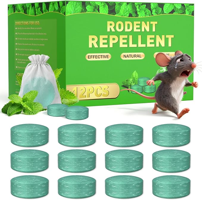 Rodent Mouse Repellent 12Pack, Peppermint Oil Mouse Balls for Mice, Indoor Outdoor Mouse Rat Deterrent for Home Garden