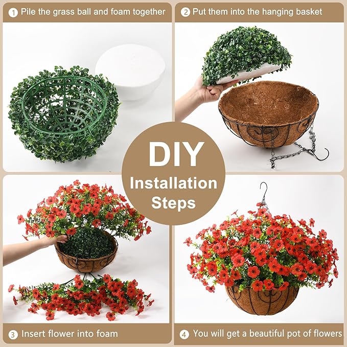 ZFProcess Artificial Faux Hanging Plants Flowers Basket Outdoor Porch Garden Spring Summer Decoration, Fake Silk Daisy in Planter Realistic UV Resistant for Outside Home Patio Balcony Yard(Red)