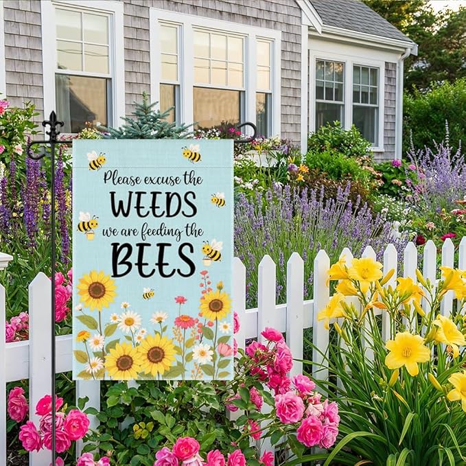 Please Excuse the Weeds We are Feeding the Bees Garden Flag, 12 x 18 Inch Double Sided Sunflower Bee Outdoor Yard Patio Decor, Pollinator Garden Sign for Beekeeper Pollinator Advocate Gardener
