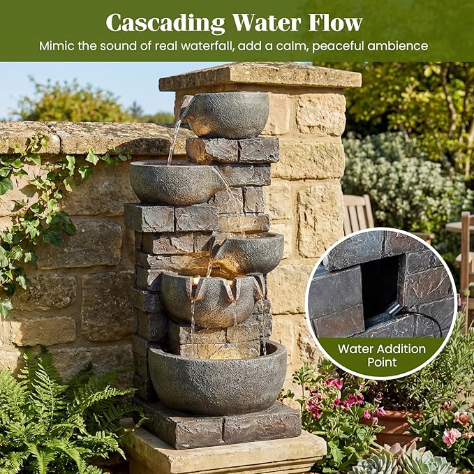 Giantex 33'' Water Fountain Outdoor, 5-Tier Cascading Stacked Stone Bowl Waterfall Fountain with LED Lights & Pump, Outside Water Feature for Patio, Balcony, Deck, Garden, Yard Decor