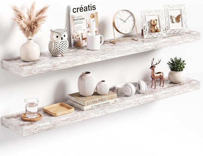 48x8in Floating Shelves 2 Pack, Wall Mount Display Shelf, White Washed | Invisible Brackets, 35lb Sturdy MDF, 48in Long, Easy Install, For Bedroom, Bathroom, Living Room, Kitchen & Office