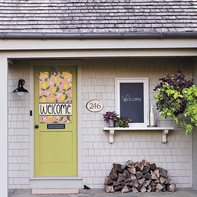 AVOIN colorlife Summer Lemon House Flag 28x40 Inch Double Sided Outside, Pink Welcome Seasonal Yard Outdoor Flag
