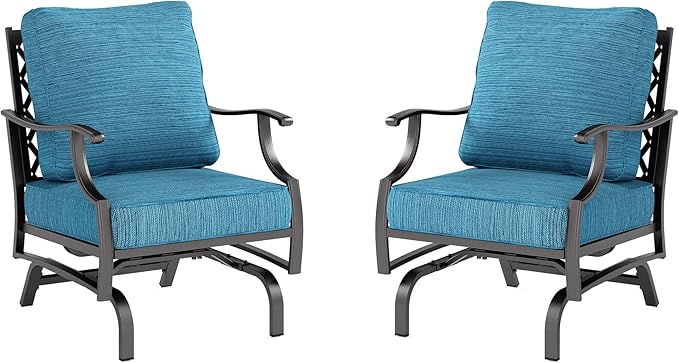 SUNSHINE VALLEY Metal Outdoor Rocker Patio Chairs Set of 2 with 5.75" Extra Thick Cushion, 2 Piece High Back Rocker Patio Chairs All Weather Outdoor Furniture Seating for Deck Balcony Porch, Blue-2
