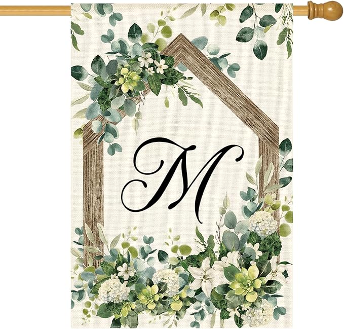 AVOIN colorlife Initial Letter M Monogram House Flag 28x40 Inch Double Sided Outside, Spring Floral Family Last Name Yard Decoration