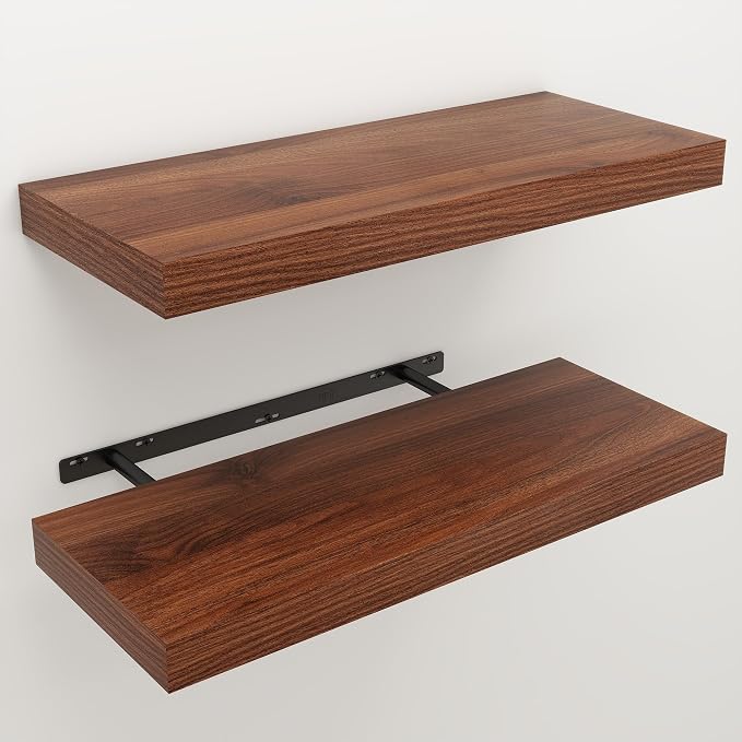 24" Walnut Floating Shelves Wood Wall Shelf, Walnut Color, Set of 2 | Wall Mounted Wood Shelves, For Bathroom, Bedroom, Living Room, Kitchen, Hanging Shelf for Books/Storage/Room Décor