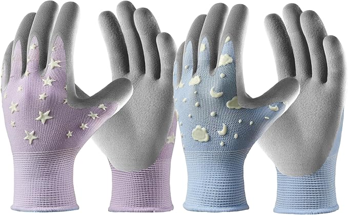 COOLJOB Glow in The Dark Kids Gardening Gloves for Age 9-12, 2 Pairs Children Reflective Yard Work Rubber Coated Gloves, Light Blue with Cloud & Moon, Purple with Stars, Large