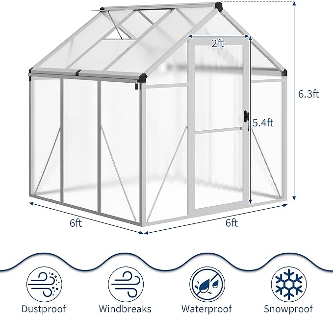 Garvee 6 x 6 ft Greenhouse, Greenhouses for Outside, Polycarbonate Greenhouse with Aluminum Frame, Lockable Door and Ajustable Roof Vent for Backyard, Green Houses for Outside Garden Backyard, Patio