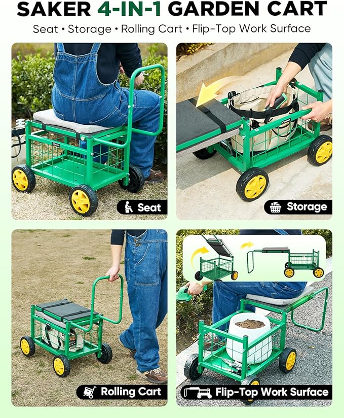 Saker Rolling Garden Cart with Seat & Wheels - 15.7'' EVA Padded Rolling Stool, 500 lb Steel Frame, Large Storage Basket - Garden Wagon Workseat for Patio Lawn Yard (Luxury Version)