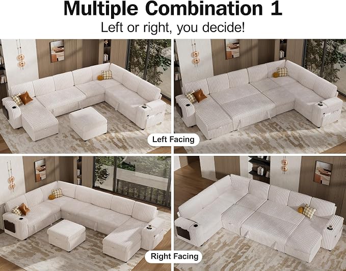 Vipbear 130" Modular Sectional Sleeper Sofa with Pull Out Bed, 9 Seat Corduroy L Shaped Couch with Ottoman and Chaise|USB Ports|Cup Holders|Side Table, Tool Free Assembly, Beige