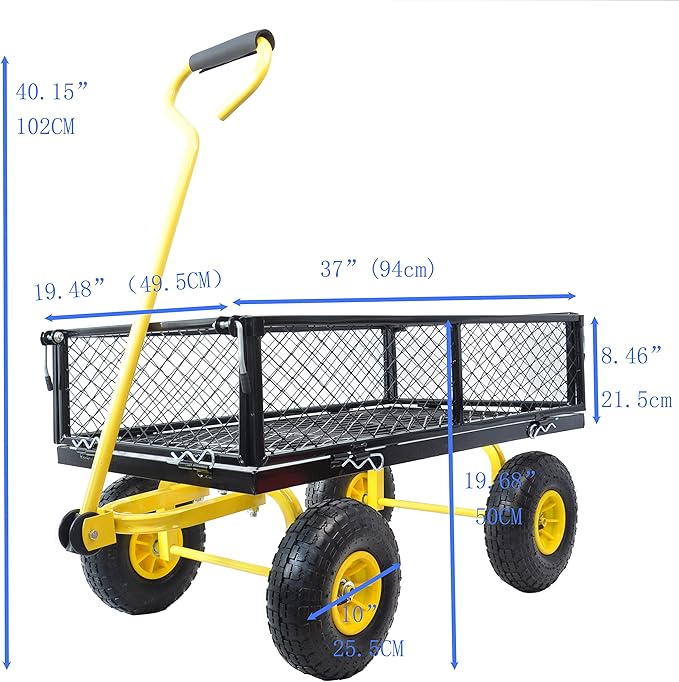 Heavy Duty 600 Lbs Capacity Garden Wagon Cart with Inflatable Tires, Utility Dump Cart for Firewood, Yard Debris & Gardening Transport, 37" L x 19" W x 40" H, Black