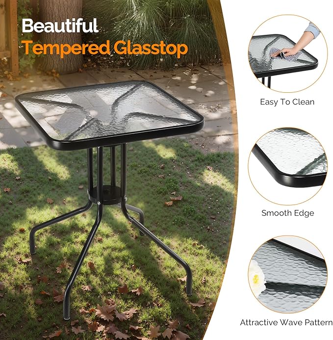 VINGLI Outdoor Bistro Table, 24" Patio Table Steel Frame Tempered Glass Top, Dining Tables for Balcony Garden Poolside (24'' Square)