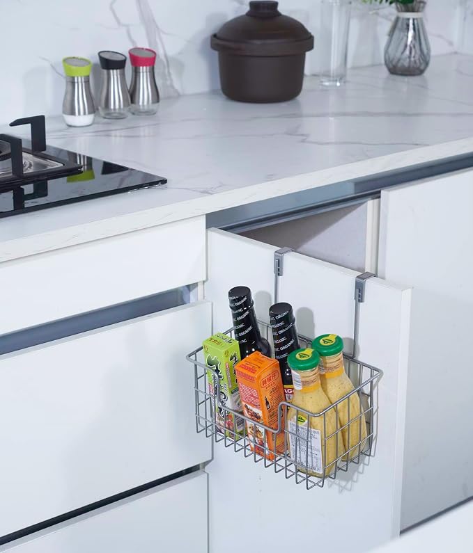 JUNCHU CHERRY Wire Hanging Storage Basket 2 Packs, Wall Mounted Kitchen Bathroom Storage Basket, Home Multi-Functional, no Punching, Bearing Strong, Suitable for Home, Office,Black