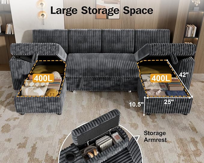 Vipbear 108" Modular Sectional Sleeper Sofa with Pull Out Bed, 4 Seat Plush Corduroy U Shaped Couch with USB Ports|Cup Holders|Side Table|Storage Chaise Armrests, Tool Free Assembly, Grey