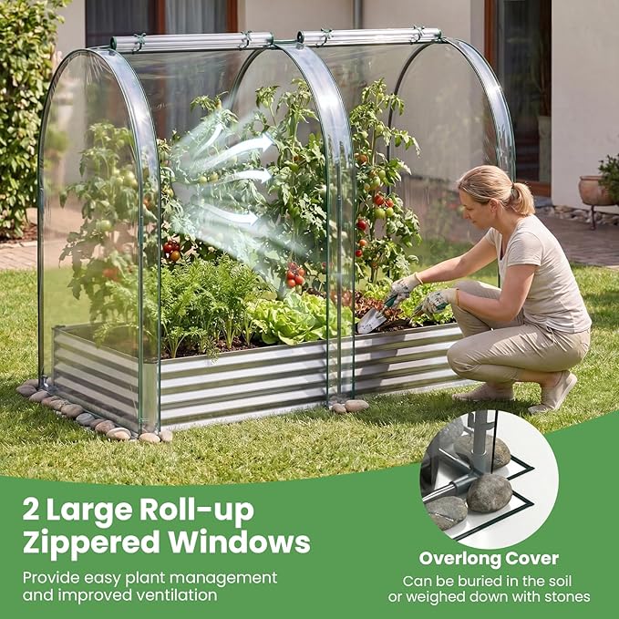 Giantex Galvanized Raised Garden Bed with Greenhouse Cover, 6x3x1 FT Outdoor Metal Oval Tall Planter Box with 2 Roll-up Windows, Clear PVC Mini Greenhouse for Vegetables Flowers Herbs Patio (Silver)