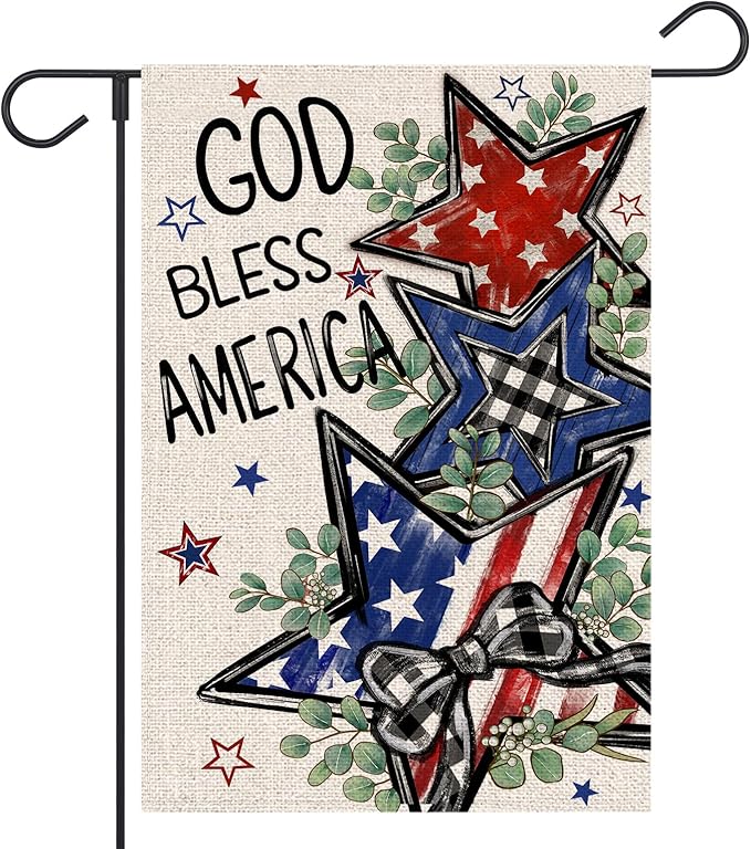 4th of July Garden Flag 12x18 Inch Double Sided Outside God Bless America Patriotic Stars Eucalyptus Memorial Day Independence Day Holiday Outdoor Yard Decoration