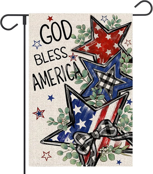 4th of July Garden Flag 12x18 Inch Double Sided Outside God Bless America Patriotic Stars Eucalyptus Memorial Day Independence Day Holiday Outdoor Yard Decoration