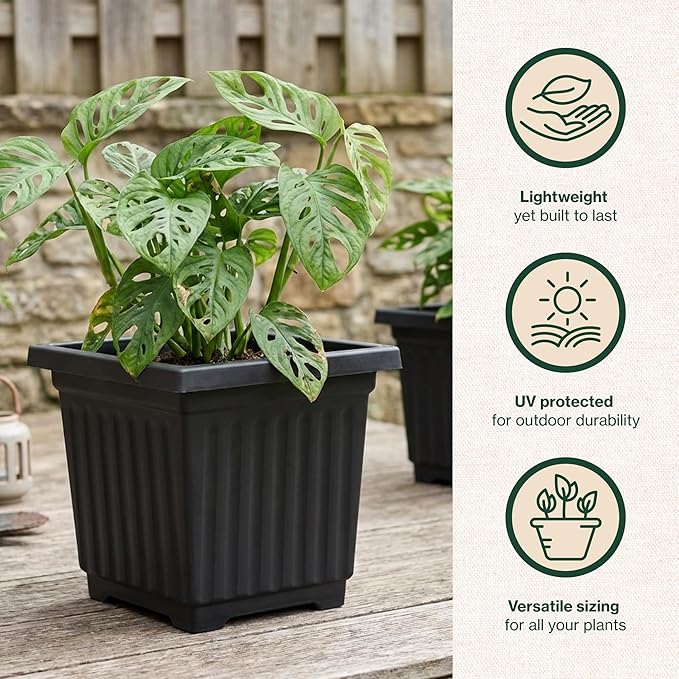 12 Inch Venetian Square Plant Pots with Drainage Holes, Lightweight UV-Resistant Plastic Outdoor Planters, 2-Pack Flower Pots for Patio & Garden Decor, Black