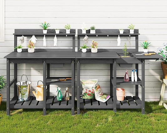 SERWALL Outdoor Potting Bench 2-Piece Set, Rot-Resistant HDPE Potting Table with Removable Sink for Outside Gardening, All-Weather Use - Gray